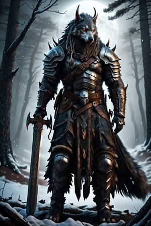 Werewolf warrior in Viking attire,wolf face, massive greatsword resting on shoulder, fur-trimmed leather armor, Norse runes on blade, standing amidst ancient pine forest, misty atmosphere, moonlight filtering through branches, glowing amber eyes, wolf-like features, battle-scarred, muscular physique, braided beard, iron helmet with horns, snow-covered ground, distant howling, photorealistic style, dramatic lighting,LegendDarkFantasy,kawaii knight,cyborg,royal knight,werewolf