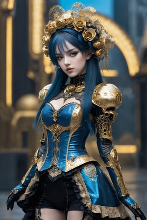 1girl,cyber eyes, hair that glows blue
,A girl in a cyber-gothic Lolita outfit, donning an elaborate metallic gold attire, poses in front of a dark, cityscape backdrop. Her dress, adorned with futuristic patterns, ruffles, and intricate lace details, shines like polished armor under dim, blue-ish lighting. Gold-plated lace gloves, choker, and knee-high boots complement her ensemble, exuding a mix of Victorian refinement and high-tech flair. A gold filigree bonnet, complete with mechanical roses, crowns her head, while golden highlights dance across her hair. The overall effect is a striking fusion of elegance and futurism.,FuturEvoLab-lora-mecha,goth person