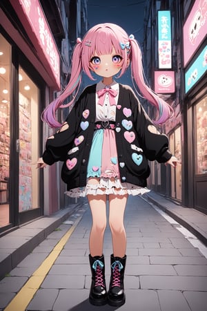 1girl,ultra cute,
Harajuku Style grunge fashion with kawaii and Lolita themes. She wears a distressed pastel dress with lace, an oversized torn cardigan, and chunky Combat boots, Her pastel-streaked pigtails are adorned with bows and clips, and her makeup features glitter and heart-shaped stickers. She stands in a vibrant Harajuku street, blending sweetness with a rebellious edge.,Ground Mine Girl