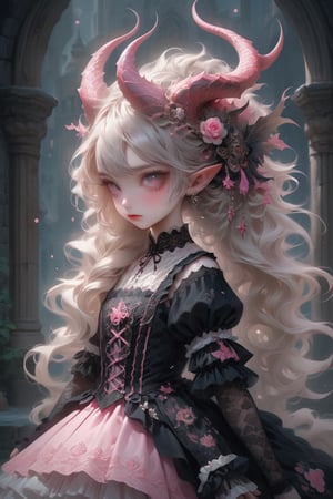 A Gothic Lolita girl with dragon eyes and dragon horns,Depth and Dimension in the Pupils,
gracefully crystalline cheeks, her attire adorned with intricate pink lace and dark, ethereal fabrics,(intricate dragon horns) elegantly complement her elaborate hairstyle, creating a mystical and captivating presence. Her eyes, reminiscent of a dragon's gaze, exude an otherworldly charm, adding a touch of fantasy to the Gothic Lolita aesthetic. The fusion of traditional Lolita elements with dragon-inspired details results in a unique and enchanting character.,dragon-themed,goth person,lolita_fashion,Dragon,gemsdragon,dragon_h,Chinese Dragon,Christmas Fantasy World