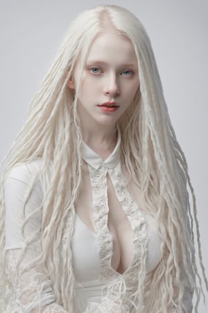 (best quality, 4k, 8k, highres, masterpiece:1.2), A creepy yet intriguing digital illustration portrait of a albino pale young girl, pure white very long dreadlocks hair,
psychedelic long hair, She wears a seductive white lace outfit with white fur accents, embodying the essence of allure and sensuality, ,valent_1314