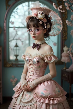1girl,Anthropomorphic owl in sleeveless, off-shoulder pink Lolita fashion. Ruffled bodice with sweetheart neckline, adorned with bows and lace. Voluminous skirt with petticoat, decorated with delicate floral patterns. Owl's natural feathers seamlessly blending into fabric. Large, expressive eyes behind ornate glasses. Tiny top hat perched askew. Holding lace parasol. Soft, pastel background with cherry blossoms. Whimsical blend of avian features and kawaii Lolita style. Fairytale-like atmosphere