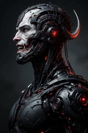 Bust-up portrait of Caucasian male cyborg vampire. Predominantly black cybernetic body with visible mechanical parts, wires, and glowing tech elements. Pale, ashen face with vampiric features. Completely white eyes, no iris or pupils. Demonic goat-like horns protruding from forehead, curving backwards. Crown of barbed wire wrapped tightly around head, digging into skin. Long, sharp fangs visible. Neck area shows transition between synthetic skin and mechanical components. Harsh, dramatic lighting emphasizing contrast between pale face and dark body. Sinister, otherworldly expression. Hyperdetailed textures: cold metal, synthetic skin, rough horn surface. Background dark and atmospheric, suggesting gothic or sci-fi setting. Blend of vampire lore, cyberpunk aesthetics, and demonic imagery..,LinzExoboneRobot,