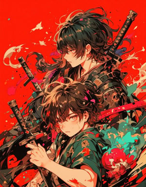 Anime-style digital illustration of two Japanese boys in a dynamic pose. Vibrant red background with splatters and colorful dots. Foreground boy: younger, determined expression, brown eyes, short messy hair. Wearing green kimono-style top, holding a curved sword. Background boy: older, serious expression, dark green hair partially covering one eye. Dark clothing, protective stance behind younger boy. Art style: mix of traditional Japanese art and modern anime. Color palette: deep reds, earthy greens, warm browns, splashes of blue and purple. Lighting: dramatic, creating contrast between figures and background. Texture: watercolor-like effects, visible brush strokes. Composition: figures slightly off-center, dynamic diagonal arrangement. Mood: intense, action-oriented. Details: floating colorful dots, hair strands moving as if in wind, fabric folds in clothing. Overall impression: beautiful, ethereal yet powerful scene with two warrior-like boys.