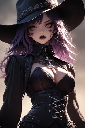 (cowboy shot),
1Girl,Gothic cowgirl portrait, fierce determination in her gaze. Long, flowing purple hair framing face. Dark, smoky eye makeup accentuating intense eyes. Full, pouty lips with dark lipstick. Ample cleavage visible. Black leather cowboy hat with silver studs. Intricate lace-up corset top,black long combat boots
,Ornate silver cross necklace,Dramatic lighting emphasizing facial features. Gritty desert background. Blend of Western and Gothic aesthetics. Hyper-realistic skin textures and fabric details