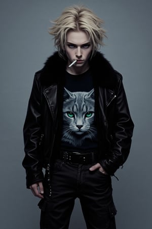 portrait of a visual-kei rock musician, 1man, shaggy medium-length hair, dyed blonde, messy windswept style. Intense gaze, eyes half-closed, smoking a cigarette. Wearing black leather jacket with fur collar, unzipped. T-shirt underneath features large close-up of Russian Blue cat face, gray fur, green eyes prominent. Studded belt visible. Baggy cargo pants. Grungy, rebellious pose against plain gray backdrop. High contrast black and white photography, reminiscent of fashion editorial. Moody, atmospheric lighting emphasizes facial features and textures. Subject exudes cool, defiant attitude of rock star. Composition is vertical, full body shot, slightly angled. Sharp focus on face and upper body, subtle film grain texture overall.,dal,Potrait,lyh,lucien drayke