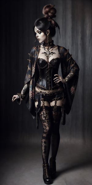 Nordic cute girl,In a fantasy European world, a healing mage, traditional Japanese and gothic punk fashion,elegance of kimono,necromancer,edgCorset