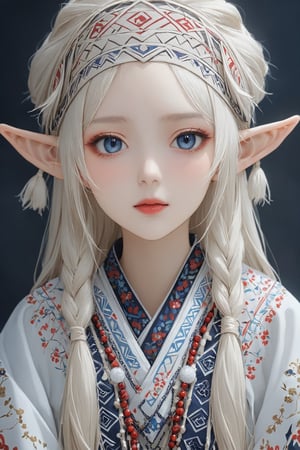  a beautiful Albino elf girl,elf ear, wearing traditional Ainu attire, adorned with intricate embroidery and patterns symbolizing Ainu culture,Clothing embroidered with traditional Ainu patterns,
 Her garments include a dress and apron,Completing her look is a unique headpiece that enhances her beauty,With pride in Ainu culture,Misery Stentrem,Nina Aslato