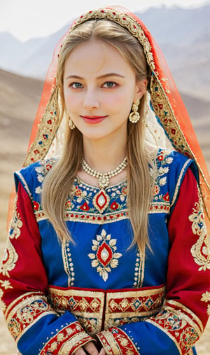 A woman of Scandinavian descent, long beautiful blonde hair, blue eyes, perfect beauty, wearing a beautiful traditional Tajik bridal costume.The luxurious dress is intricately embroidered in gold and red and is very colorful. full of happiness