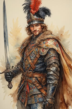 Beautiful and delicate watercolor painting, A 1man, handsome face,smile, Landsknecht, a medieval Swiss mercenary, stands tall with a sword in his hand, exuding strength and power, dressed in a gaudy elaborate leather outfit, feathered hat and flowing cloak, all adorned with intricate patterns and decorations, a masterpiece of craftsmanship.,Handsome boy,abmhandsomeguy,zavy-lndskncht