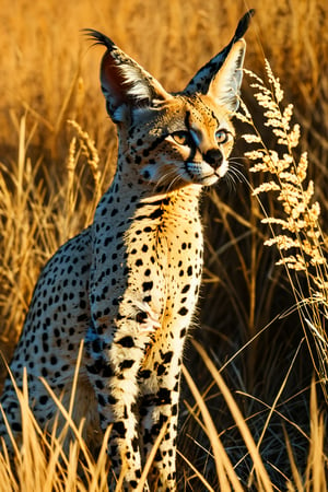 A serval cat standing alert in tall golden grass, bathed in warm sunlight. Its sleek coat shimmers with intricate black spots on a golden background. The cat's large ears are perked forward, and its long legs are poised for action. Soft bokeh effect in the foreground blurs some grass stalks. The afternoon sun casts a golden glow, creating subtle shadows and highlighting the serval's muscular form. Distant acacia trees dot the savanna horizon. The sky is a clear, soft blue with wispy clouds. A butterfly flutters near the serval's whiskers, adding a touch of whimsy to the scene.,realistic,photo,raw