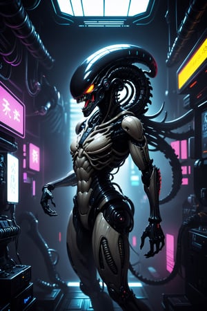 A cyberpunk-inspired Xenomorph, The iconic extraterrestrial creature from the Alien franchise takes on a futuristic, cyberpunk twist. Biomechanical enhancements and glowing cybernetic elements merge seamlessly with its iconic exoskeleton. Neon lights illuminate the creature's sleek, cyberpunk aesthetic, and intricate circuit-like patterns replace some of its biomechanical features. This fusion of the alien horror and cyberpunk style results in a visually striking and menacing Xenomorph, perfectly at home in a dystopian, high-tech future.
,Stylish,japanese art,Ukiyo-e,colorful,alienzkin,ROBOT