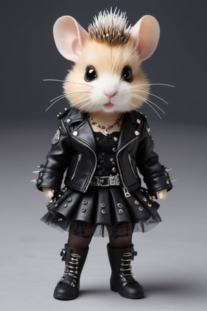  darling hamster adorned in the finest Gothic punk fashion, exuding an irresistible charm with every tiny step. Picture this petite rebel dressed in a miniature leather jacket adorned with studs and spikes, paired with a lace-trimmed tutu skirt in deep, rich colors. Visualize its whiskers tipped with silver piercings, adding an edgy flair to its adorable visage.