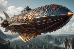 armored airship, soars through the skies, its metallic hull adorned with intricate scales resembling those of a mythical drago,,mimicking the fearsome appendages of the legendary creature. Dragon-inspired motifs are intricately woven into the airship's design, with fiery breath patterns etched onto the hull,creating a harmonious fusion of fantasy and steampunk aesthetics.,Obsidian_Gold,H effect