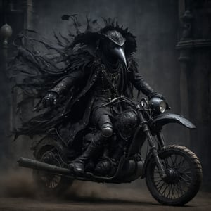 Imagine a Gothic, classical motorcycle ridden by a plague doctor. The bike features an antique black finish with intricate silver detailing and wrought-iron filigree. The seat is rich black leather with tufted buttons, and the fuel tank has haunting gothic patterns. Lantern-style headlights emit a dim, eerie glow. The plague doctor, in his beaked mask and flowing cloak, creates a striking, otherworldly image, blending historical darkness with gothic elegance.,madgod,stop motion,horror,action shot