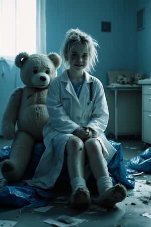 1 girl,Empty room, entirely covered in blue tarpaulin, clinical atmosphere, single chair in center. Young girl in white lab coat sitting, unsettling wide smile, pale skin, messy hair. Broken teddy bear at her feet, stuffing spilling out. Harsh fluorescent lighting casting eerie shadows. Minimalist composition, hyper-realistic details, psychological horror undertones. Contrasting innocence and unease, sterile environment with disturbing elements, cinematic framing