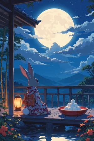 Serene night scene of Tsukimi (moon-viewing) celebration. Magnificent full moon surrounded by wispy oboro clouds in a starry sky. Traditional Japanese garden setting. A cute anthropomorphic rabbit in an elegant kimono with floral pattern, sitting on a wooden veranda. Rabbit gazing at the moon with wonder. Red lacquered tray holding white dango (rice dumplings) arranged in a pyramid. Softly glowing paper lantern nearby. Bamboo stalks and autumn flowers in foreground. Reflective pond surface capturing moonlight. Warm, gentle lighting emphasizing moon's glow. Dreamy atmosphere with subtle mist. Detailed, painterly style blending realism and fantasy. Rich, muted colors with emphasis on silver moonlight and kimono details.,lyh,anime