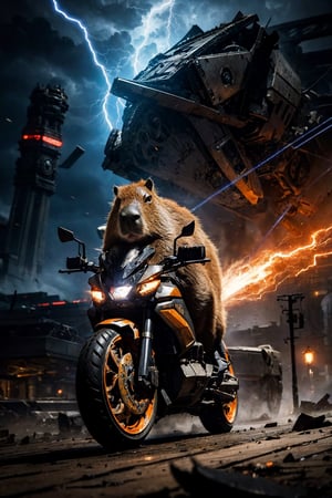  realistic,
Badass capybara (playing Electric guitar:1.2) with dark aura around, overwhelmed by his power, heavily enchained on the ground, trying to explode to free himself from the chains but he can't because chains are too big, wearing mechanical enhancements,epic and dynamic composition, thunder everywhere, cataclysm,dark cityscapes background, artstation, hdr, colorful shot, intricate details, cinematic, detailed, stormy weather, detailed art deco ornamentation, tons of flying debris around him,capybara