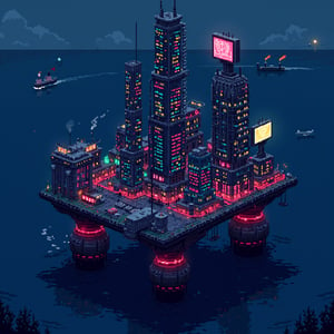 Pixel art cyberpunk city built on offshore oil rigs, isometric view,
Multiple connected oil platforms form city foundation. Neon-lit skyscrapers and apartment blocks rise from platforms. Holographic billboards float above buildings,
Lower levels: Industrial areas, pipelines, cargo containers. Mid levels: Residential zones, shops, entertainment districts. Upper levels: Corporate headquarters, luxury penthouses,
Flickering lights, steam vents, flying vehicles between structures. Crowded walkways connect platforms. Massive energy generators and satellite dishes visible,
Color palette: Deep sea blues and greens for ocean, contrasting with vibrant neons (pink, cyan, yellow) for city lights. Dark metallic greys for structures,
Highly detailed 16-bit style pixel art. Clean pixel edges, no anti-aliasing. Dithering for shading and water effects,
Atmospheric elements: Rainy weather, puddle reflections, fog around lower levels. Distant oil tankers and fishing boats on horizon,
Subtle animations: Blinking lights, waving flags, rotating radar dishes.r Movie,Pixel Art