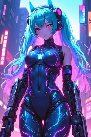 cyberpunk girl,Hatsune Miku,smile☺,She has sleek metallic Racing suit with neon-lit circuits and glowing interfaces, Her pointed ears feature high-tech devices, and her eyes emit a soft, luminescent glow, enhanced with augmented reality overlays. Vibrant, electric-colored hair flows down her back, intertwined with fiber-optic strands that pulse with data. She wears a fitted, futuristic bodysuit with intricate, glowing patterns, and her cybernetic limbs are equipped with advanced weaponry and tools. She moves through a neon-drenched urban landscape, blending organic grace and technological sophistication, embodying the essence of a cyberpunk elf,lyh