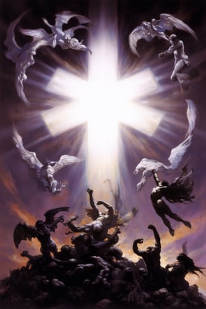 "A dramatic scene of a glowing, floating cross suspended in the sky. Above, radiant angels with pure white wings fly gracefully, their ethereal presence illuminating the area. Below, fallen angels with dark, tattered wings are rising upward, their expressions fierce and desperate as they try to seize the cross. The sky is a mix of light and shadow, reflecting the celestial and infernal forces clashing. The contrast between the angels and the fallen ones is stark, with the former exuding serenity and the latter chaos. The atmosphere is tense, as if a battle between good and evil is about to erupt.",OIL,FANTASY,PAINTING