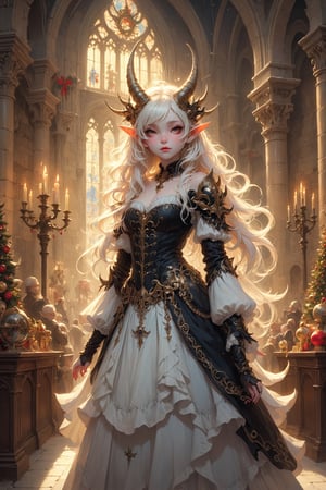 albino demon little queen, (long intricate horns), a sister clad in gothic punk attire, her face concealed behind a striking masquerade mask. She exudes an air of mystery and allure as she moves gracefully through the dimly lit corridors of the cathedraragon-themed,Christmas Fantasy World