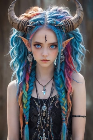 ultra Realistict, demon girl, (Complex Longhorn) ,crazy alternate hairstyle, amazingly intricately (dreadlocks) hair,colorful color hair, each braid painstakingly created,decorated with delicate accessories and beads,aesthetic,Beautiful Blue eyes, ,Rainbow haired girl ,bj_Devil_angel,dal-1,Realistic Blue Eyes,REALISTIC