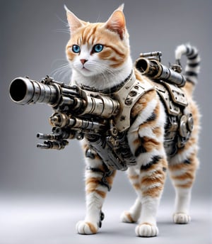 Extreme detailed, ultra Realistic, futuristic, A Munchkin cat with a high-tech Gatling gun on its back, Solo, 1cat, large Gatling gun, fire, high-tech cybernetics Munchkin,((four legs)), ULTRA Real, Realistic cat, military, monster, ,mecha,aw0k cat