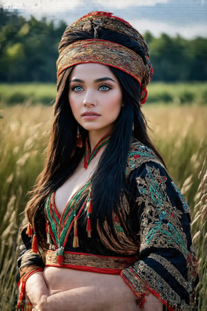 Super detailed, super realistic,beautiful african girl,Curvy body,
She wears old folk costume, long straight black hair,
colorful maria-veil on head,Yakuts folk costume of Siberian minority, beautiful crystal blue eyes, almond eyes, Slouching position, cleavage,intricate textile decorated with colorful and intricate geometric patterns,  decorative embroidery, clothes in earth colors such as black, red and green,beautiful reed meadow landscape,Realistic Enhance