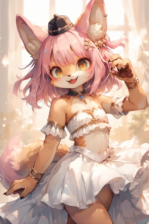 score_9, score_8_up, score_7_up, score_6_up,1boy,
cute pop kawaii art,
Pink hair, small gothic style hat, fox ears, fox muzzle, golden pupils with vertical slits, white tutu with luxurious golden embroidery, ballet dancer, cute gestures and smile,dal-6 style,furry