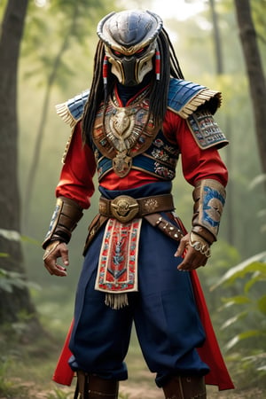 (predator:1.2),(Yautja,Hish),Wearing the traditional attire of a Cossack,long nail hand, the Predator showcases a striking fusion of cultural elements, The intricately embroidered sharovary (wide trousers) and the brightly adorned traditional shirt,Predator's high-tech armor
