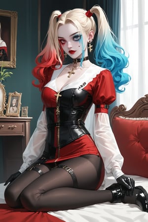 1Girl,Harley Quinn,Nordic girl,Gothic make-up, high ponytail, septum earrings,
 wearing a tight-fitting scarabrio reimagined as a kimono-style garment,The outfit features elaborate baroque patterns in gold and red on a black base,Ornate swirls, cherubs, and acanthus leaves adorn the fabric,The skirt is short and form-fitting. blonde pigtails,makeup is dramatic,pale skin, red lips, in a luxurious baroque-style room with gilded mirrors and velvet, curtains,score_9,score_8_up,score_7_up,lace,hair ornament,see-through,cleavage,ruanyi0623,choker,nun,dress,nunl0l,black gloves,jewelry,corset,LAassunity,pantyhose,garter strap,black footwear,zipper,ruanyi0575,bdsm,inverted cross