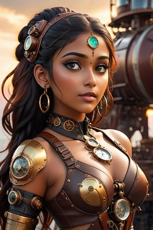 ultra detailed,ultra Realistic fantasy,
steampunk style cybernetic gadgets and a robotic arm,beautiful young Indian lady,full makeup,Extreme Ddetailed gadgets,tight leather body suit,(large breast),
steam punk style ship floating in the sky,ol1v1adunne,photo r3al