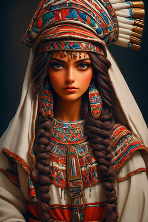 beautiful slavic woman, wearing the Bulgarian folk costume 'Nociya, ' creatively arranged with an Egyptian twist, Envision the fusion of Bulgarian and Egyptian elements, incorporating traditional patterns and embellishments from both cultures. Picture the woman in the intricately designed 'Nociya' attire, adorned with Egyptian-inspired accessories, creating a harmonious blend of cultural aesthetics, 」Ensure a visually stunning Bulgarian folk costume with Egyptian, crafted details, ,mad-marbled-paper,lis4,cutegirlmix