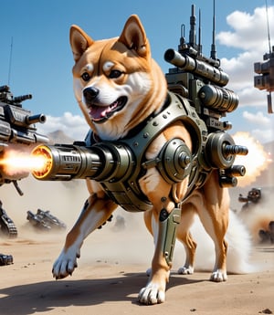 Extreme detailed,ultra Realistic,futuristic,
A Shiba Inu with a high-tech Gatling gun on its back,Solo,1
Dog,large Gatling gun,fire,high-tech cybernetics Dog,four legs,
ULTRA Real,Realistic dog,military,monster