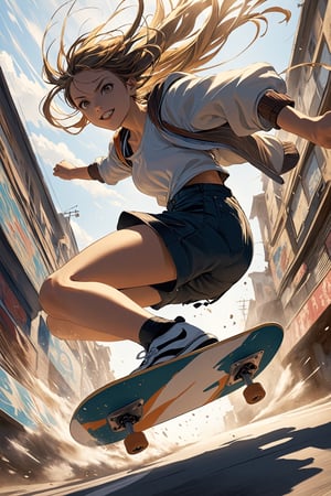 1Girl,(low angle shot:1.5),
The illustration depicts a spirited girl with a confident stance, her hair flowing behind her as she effortlessly maneuvers her skateboard. With determination in her eyes and a hint of a smile on her lips, she tackles the urban landscape with skill and grace. The low-angle perspective adds a sense of drama and dynamism to the scene,newhorrorfantasy_style,action shot