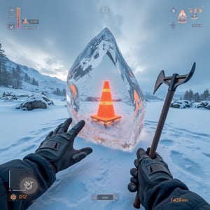 POV first-person survival game screenshot. Icy, snow-covered landscape.

Central focus: Large, clear ice block with a bright orange traffic cone frozen inside. Ice slightly glowing, refracting light.

Environment: Snowy terrain, distant mountains, overcast sky. Harsh winter atmosphere.

UI elements:
- Bottom left: Health bar, stamina meter, body temperature gauge
- Bottom right: Mini-map with blips
- Top right: Inventory slots with survival items (knife, flare, rations)
- Top left: Mission objectives, compass

Hands visible at bottom, wearing tattered gloves, holding an ice pick.

Lighting: Cold, blue-tinted light with orange glow from frozen cone.

Style: Realistic 3D game graphics with slight grain for immersion.

Additional details:
- Frost accumulating on screen edges
- Breath vapor visible
- Cracks in ice around cone, suggesting recent exposure