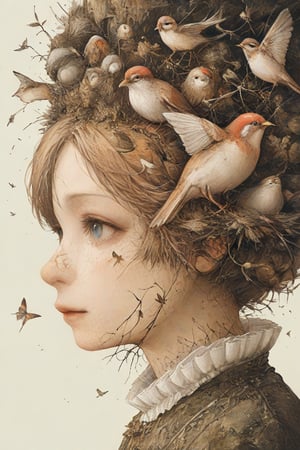 Precise line art, realistic and elaborate pencil drawings, many small birds, a girl's profile, entangled eyes.,dal-1,lineart