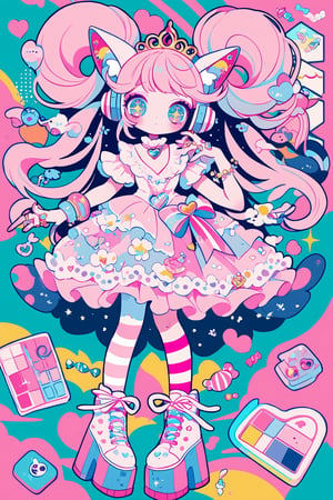 1girl ,vtuber anime character design,love peace ice cream！,
An over-the-top maximalist Vtuber character in hyper-decorative pink Lolita fashion. Her anime-style face features enormous, sparkling eyes in gradient pastel colors, framed by impossibly long eyelashes. Her multi-layered hair cascades in a riot of pastel pinks, purples, and blues, adorned with an excess of bows, flowers, and glittering accessories. She wears a frilly, cupcake-shaped dress in various shades of pink, covered in lace, ribbons, and ruffles. The dress is further embellished with candy motifs, stuffed animals, and miniature tea sets. Multiple petticoats peek out from beneath, each a different shade of pink. She sports striped stockings and platform shoes with heart-shaped buckles, Numerous bracelets, rings, and necklaces adorn her, along with a tiara and cat-ear headphones, background is a dizzying collage of pastel colors,anime style,anime girl,future0615