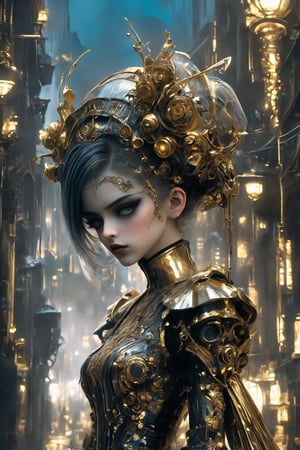 1girl,cyber eyes, hair that glows blue,soft expression
,A girl in a cyber-gothic Lolita outfit, donning an elaborate metallic gold attire, poses in front of a dark, cityscape backdrop. Her dress, adorned with futuristic patterns, ruffles, and intricate lace details, shines like polished armor under dim, blue-ish lighting. Gold-plated lace gloves, choker, and knee-high boots complement her ensemble, exuding a mix of Victorian refinement and high-tech flair. A gold filigree bonnet, complete with mechanical roses, crowns her head, while golden highlights dance across her hair. The overall effect is a striking fusion of elegance and futurism.,FuturEvoLab-lora-mecha,goth person