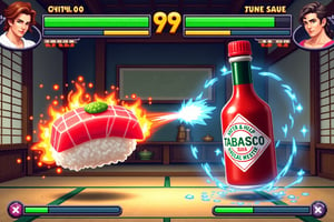 A pixel art style fighting game screen layout, dramatic battle scene. Left side: a photorealistic tuna nigiri sushi (fresh pink tuna slice over white rice, with slight wasabi visible) in fighting stance, floating above ground. Right side: a classic Tabasco hot sauce bottle, red cap and label clearly visible. Both combatants locked in intense battle. HUD elements: green health bars at top screen, yellow super meter bars below, digital timer showing "99" in center. Tabasco bottle shooting streams of red hot sauce with pixel art heat effects, fire particles, and motion blur. Tuna nigiri performing a counter-attack, surrounded by blue energy aura, small rice grains floating around it dynamically. Set in traditional Japanese room: detailed tatami mats, elegant shoji screens, wooden ceiling beams, soft paper lantern lighting. Visual effects: heat waves around Tabasco's attack, droplets of soy sauce splashing, dynamic lighting on rice surface, steam effects. Clean pixel art style similar to Street Fighter 3, maintaining realistic food textures. Background elements: decorative scroll in tokonoma alcove, tea ceremony tools on side. Dramatic camera angle with dynamic shadows, high contrast lighting highlighting