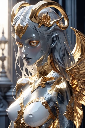 solo,Demonic female statue, gargoyle girl, golden and white porcelain woman, light gray and light gold style, intricate carving, realistic and highly detailed statue, cinematic lighting,glass shiny style,patina metal skin,silver metal skin