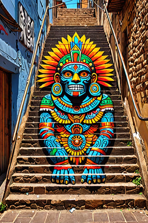 masterpiece, best quality, stair-art, stairs art, alleyway's exterior featuring a vivid representation of Tezcatlipoca,