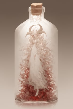 Aesthetics art,official art, (full body), ((tanding in a giant glass bottle)), (long intricate horns:1.2) ,albino demon girl with enchantingly beautiful, alabaster skin, A benevolent smile,girl has Beautiful deep red eyes,soft expression,Depth and Dimension in the Pupils,in a jar,((Cork bottle)),