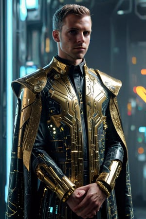  young priest, adorned in a stunningly luxurious robe, blending white and gold with elements of cyberpunk style. His robe, crafted from opulent fabrics, shimmers with metallic accents and intricate patterns that evoke a sense of grandeur and elegance. The traditional priestly attire is reimagined with futuristic elements, such as glowing LED trim and sleek metallic accessories. His cyberpunk-inspired collar and cuffs add a modern twist to the classic garment, while ornate cybernetic symbols adorn his vestments, hinting at a connection to the digital realm,circuitboard