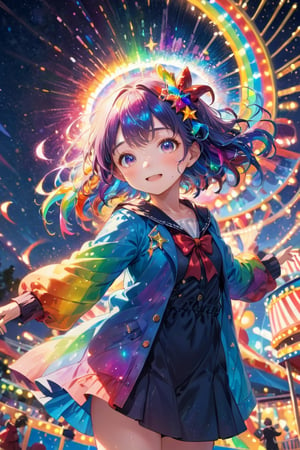 1girl, a playful anime character dissolving into sparkling, magical particles, transforming into vibrant, rainbow-colored paint, radiating with joy and excitement, illuminated by shimmering starlight, inspired by the Akihiko Yoshida, tilted frame, looking at the camera, Telescope lens, with a whimsical carnival as the background,colorful