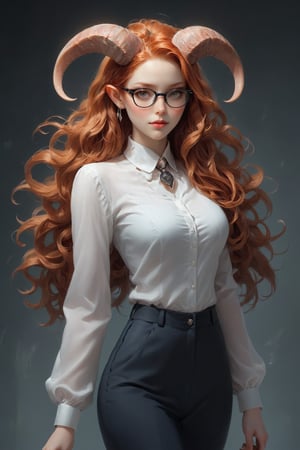 1Little girl, (masterful), albino demon queen, (long intricate horns:1.2),Long red hair,deep cleavage, Girl in a sleek and professional outfit,glasses, embodying the essence of a career woman. She wears a tailored, form-fitting suit in charcoal gray or navy blue, accentuating her slender figure and exuding confidence and authority. Her crisp white blouse adds a touch of elegance, Completing the ensemble are polished heels and subtle yet stylish accessories, such as a sleek briefcase or a statement necklace
,Christmas Fantasy World,ct-niji2