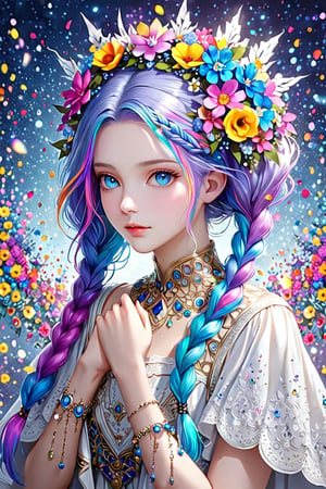 Ultra realistic,1 girl,beautiful blue eyes,superbly crafted braided hairstyles,amazingly intricate braid hair,7 colorful hair colors,Beautiful colorful pigtails braided with flowers,long pigtails, ,
each meticulously created braid decorated with delicate accessories and beads,aesthetic,Rainbow haired girl ,Realistic Blue Eyes,Flower queen,dal-1,colorful,DonMD1g174l4sc3nc10nXL 