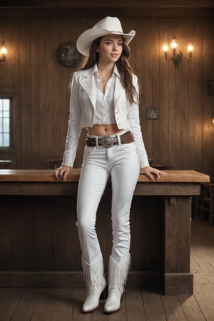  Western saloon,1 Girl,where girl dressed in a pure white cowboy costume sits on the counter. Her outfit includes a white cowboy hat, a tailored shirt, fringed jacket, and well-fitted trousers, all in pristine white. Polished boots and a classic belt with a silver buckle complete her look. Adding a touch of ethereal charm, she has pure white wings gracefully extending from her back. The saloon's rustic atmosphere contrasts with her angelic appearance, creating a striking and memorable scene.,AngelStyle,wings