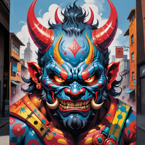 back street An urban canvas showcasing,
,depicting vibrant street art inspired by the theme of Oni, created with rich and colorful oil paint,Envision a dynamic composition featuring vivid hues, bold strokes, and intricate details that bring the demonic theme to life,
Play with contrasts and highlights to intensify the visual impact of the artwork, energy and vibrancy of street art, colorful and fantastical elements Oni,oni style,oil paint